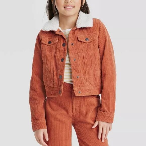 CAT & JACK Girls Sherpa Lined Corduroy Jacket Button Up Burnt Orange Size 6 NWT - Picture 1 of 6